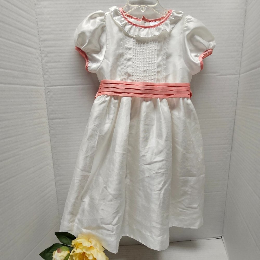 Girls EDGEHILL Short Sleeve Gorgeous Satin White Coral Dress 5